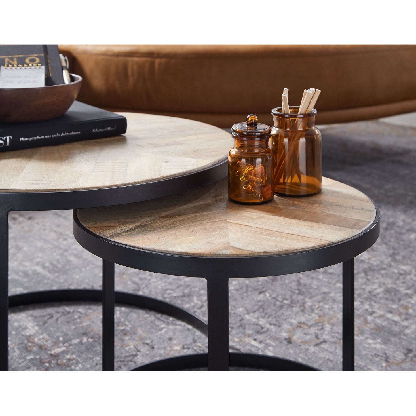 Nancy's Springer Salontafels - Set Van 2 - Koffietafels - Ronde Tafels - Bruin - Massief Mangohout - Acacia Hout - MDF