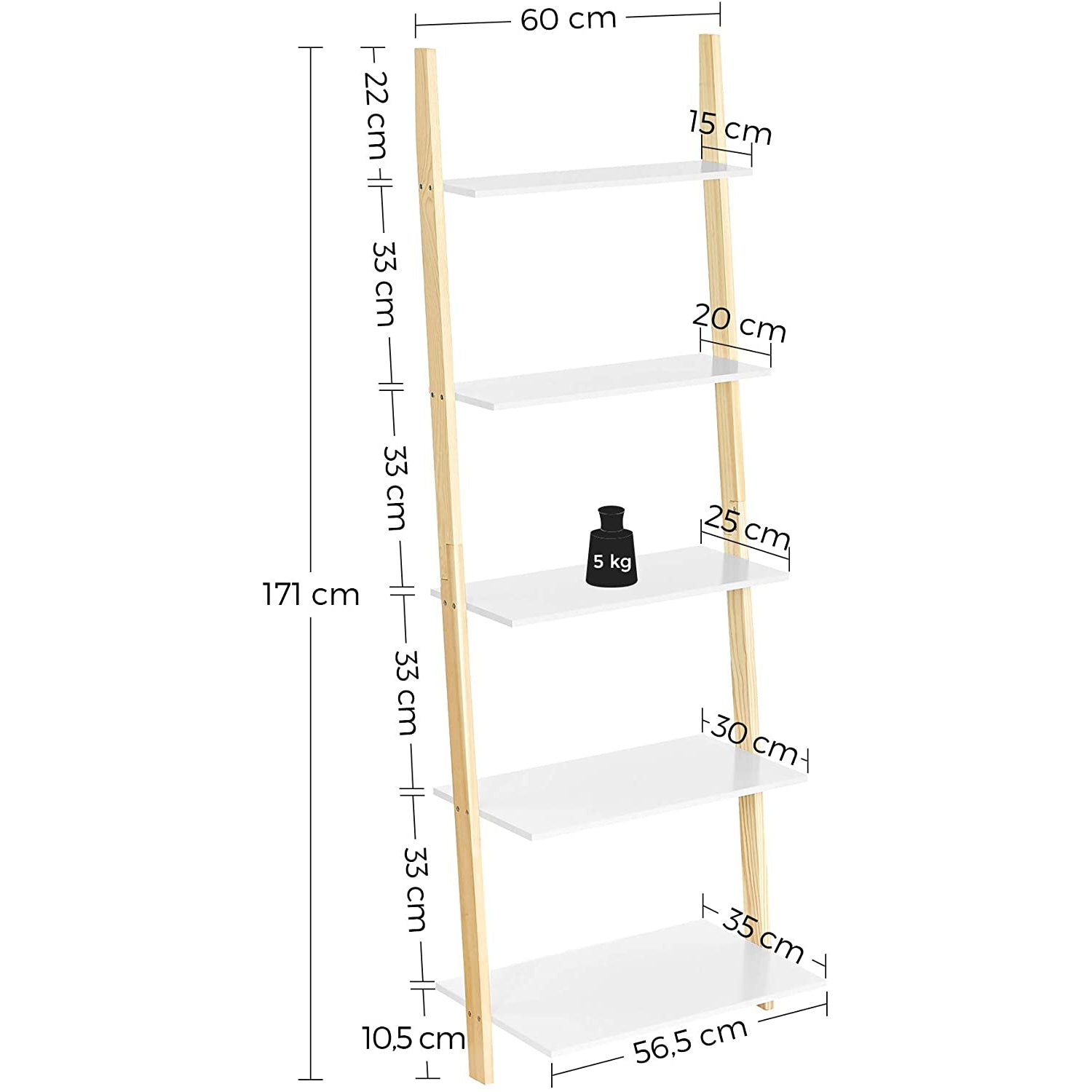 Nancy's Oxford Ladderkast - Boekenkast - Ladderplank - 5 Niveaus - 60 x 35 x 171 cm - Massief Houten Frame - Mat Wit - Natuurlijk