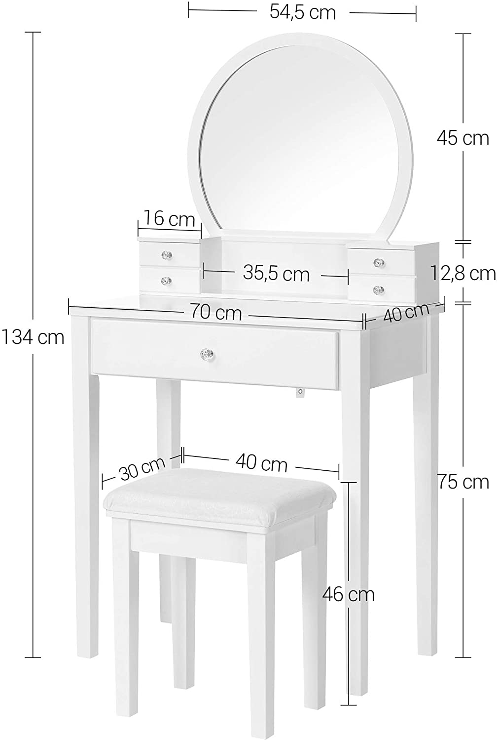 Nancy's Bryce Creek Kaptafel met Spiegel - Make-up Tafel - Kaptafels - Modern - Wit - 70 x 40 x 134 cm