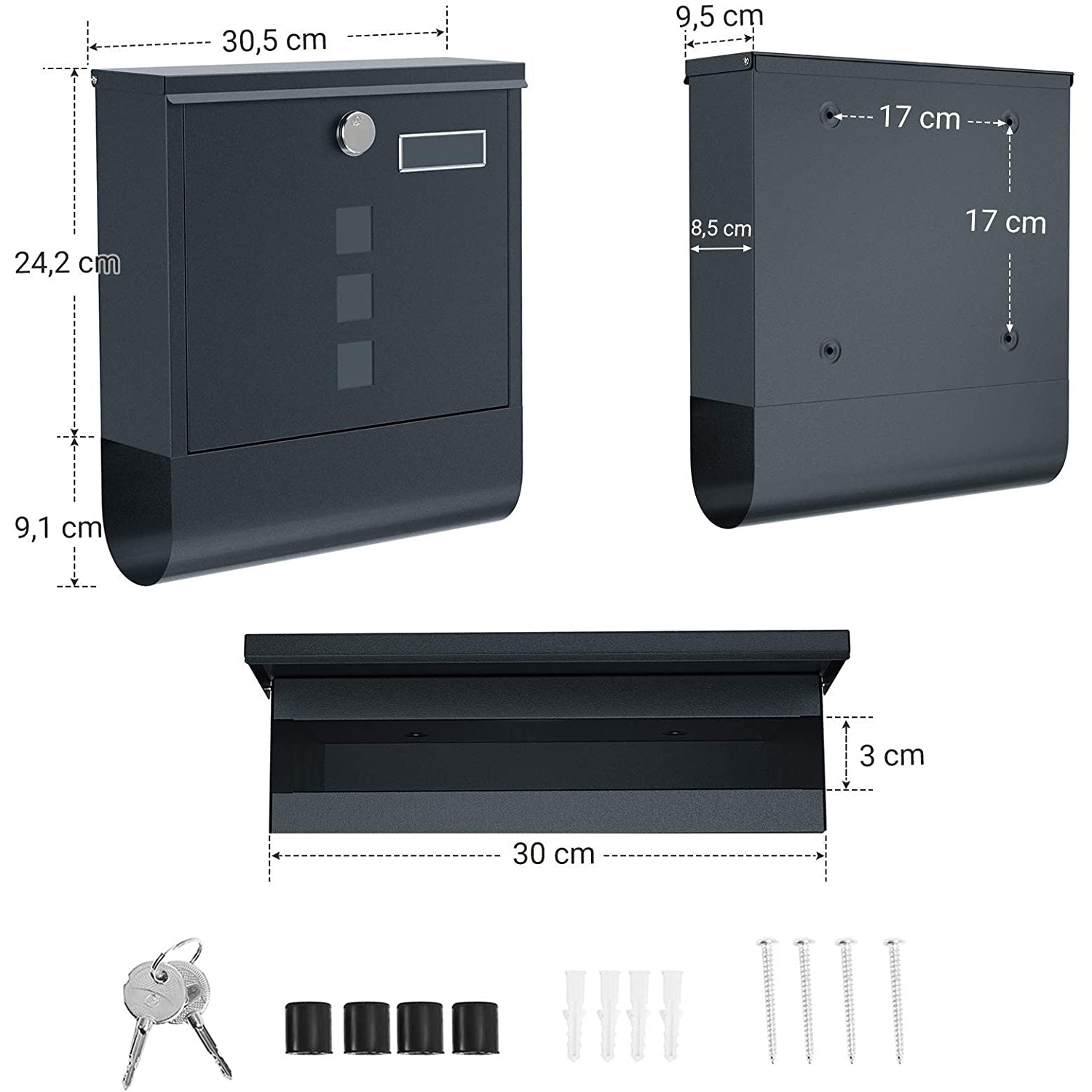 Nancy's Brebeuf Brievenbus - Wandbrievenbus - Slot - Deksel - Krantenvakje - Naamplaathouder - Afsluitbaar - Antraciet - 30,5 x 9,5 x 33,3 cm