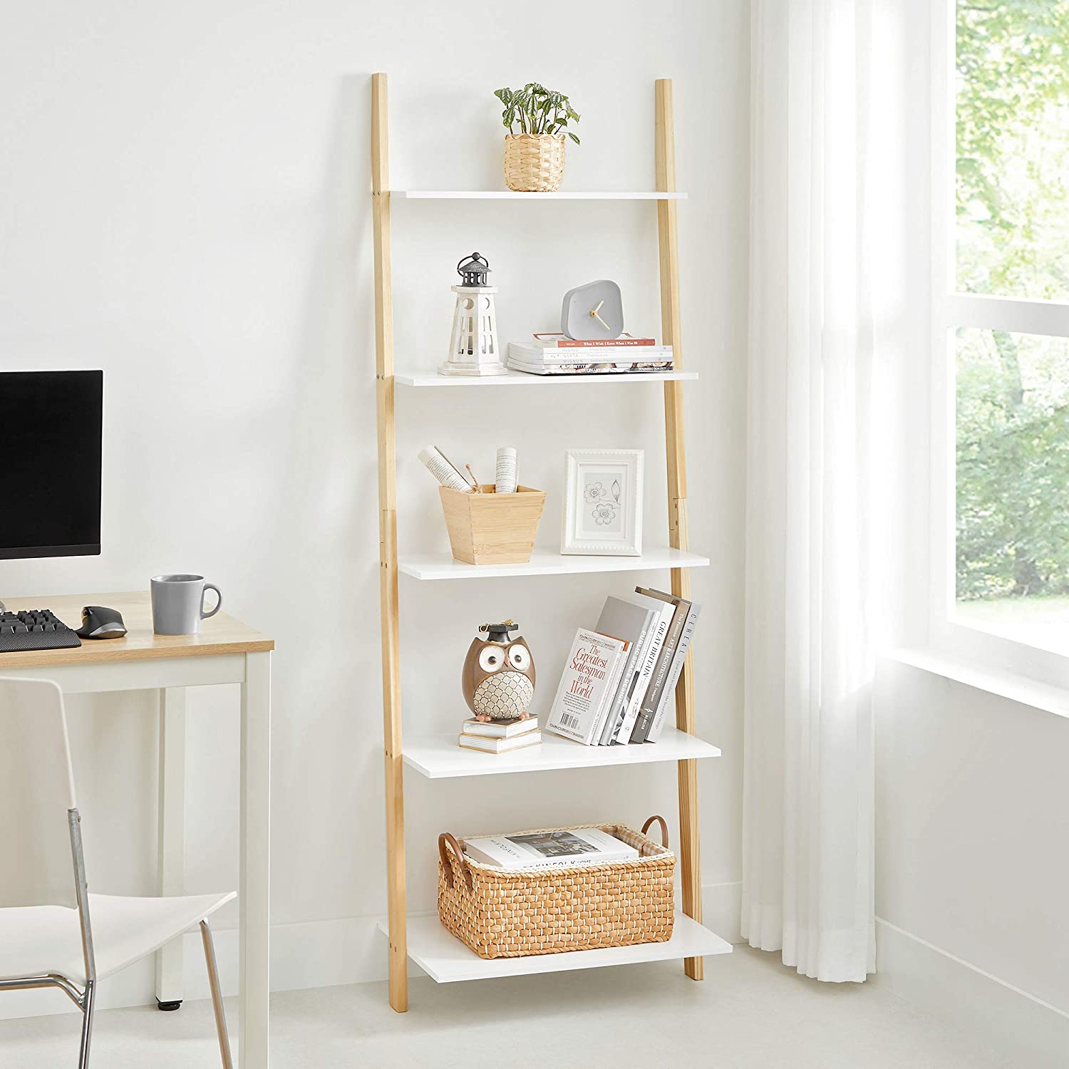 Nancy's Oxford Ladderkast - Boekenkast - Ladderplank - 5 Niveaus - 60 x 35 x 171 cm - Massief Houten Frame - Mat Wit - Natuurlijk