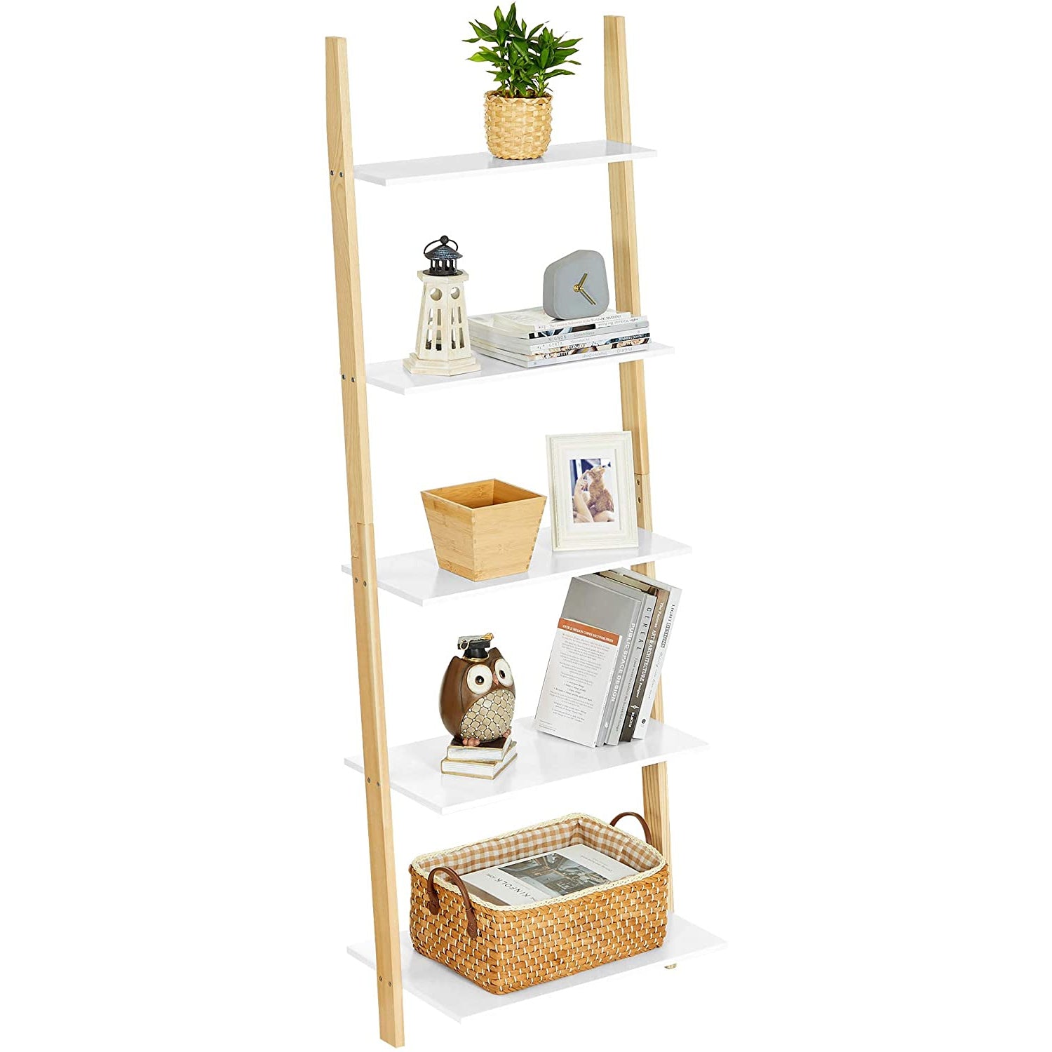 Nancy's Oxford Ladderkast - Boekenkast - Ladderplank - 5 Niveaus - 60 x 35 x 171 cm - Massief Houten Frame - Mat Wit - Natuurlijk