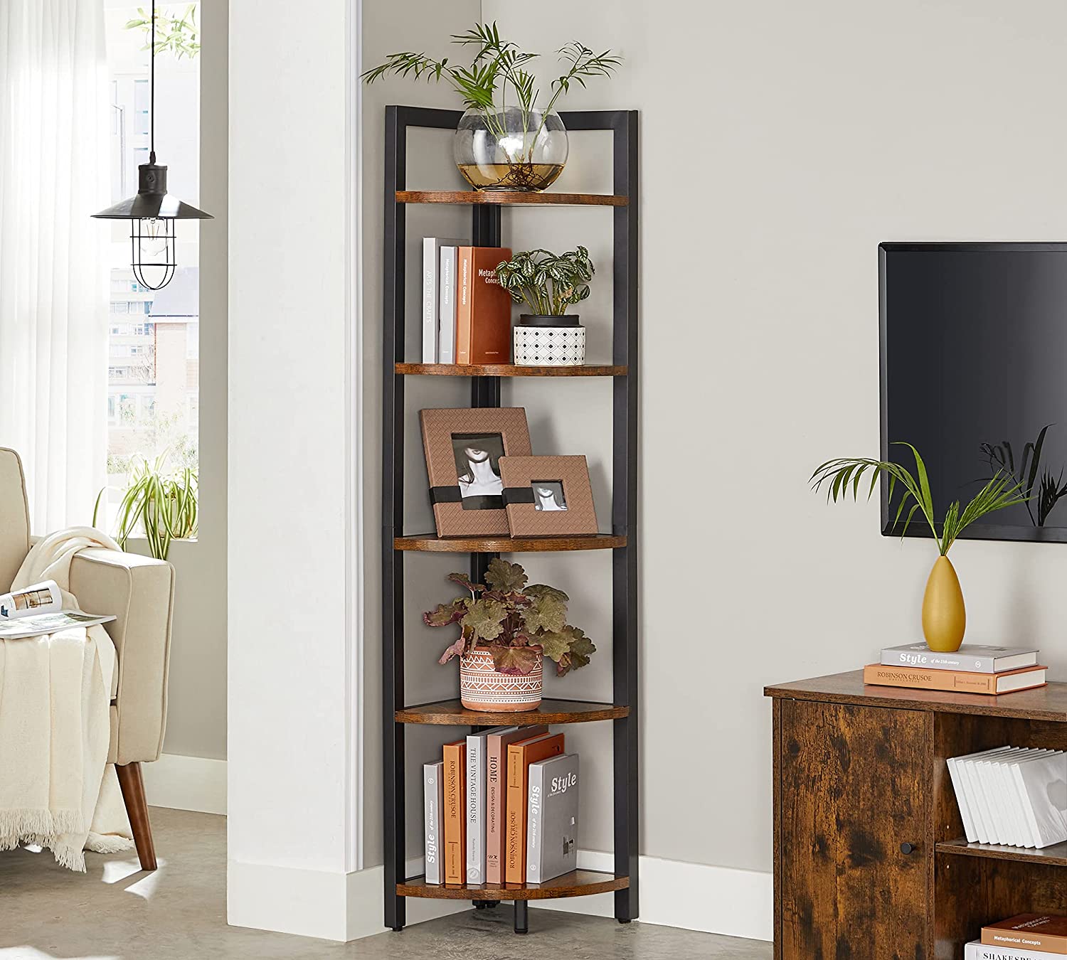 Nancy's Charette Corner Cabinet - Bookcase - Shelving Unit - Steel - Treated Wood - Brown / Black - 30 x 30 x 150 cm