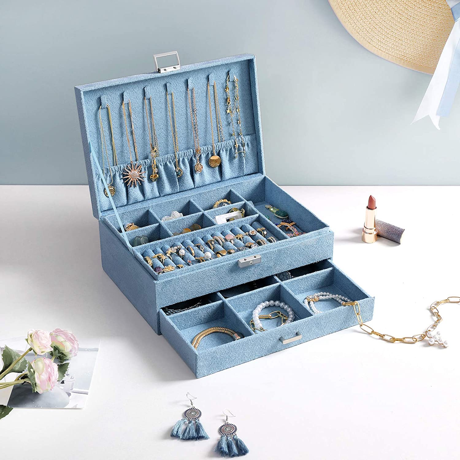 Nancy's Dack Sieradendoos - Juwelendoos - Sieraden Organizer - Blauw - Fluweel