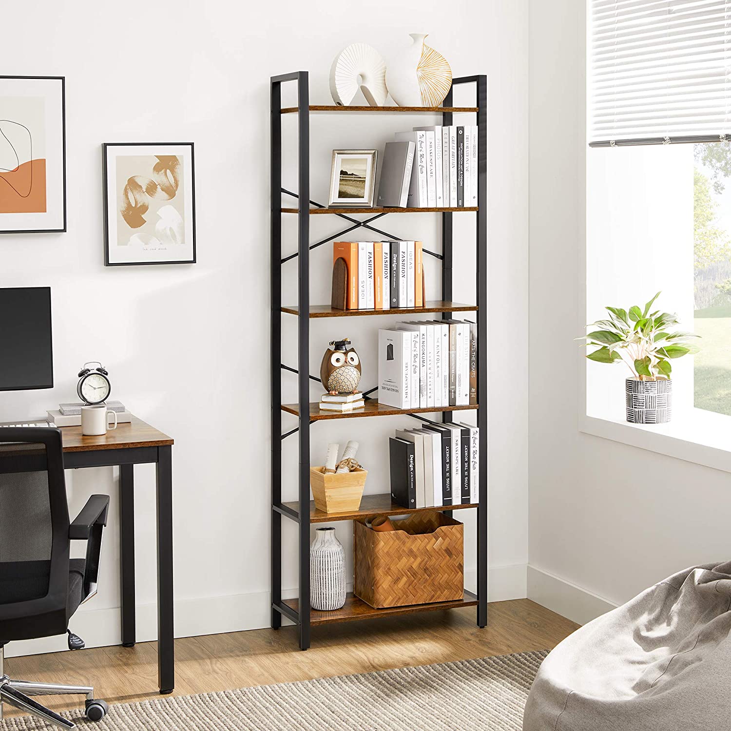 Nancy's Bloomington Bookcase - 6 Levels - Storage cabinet - Storage rack - 6 Levels - 186 cm - Brown - Black - Engineered Wood - Steel