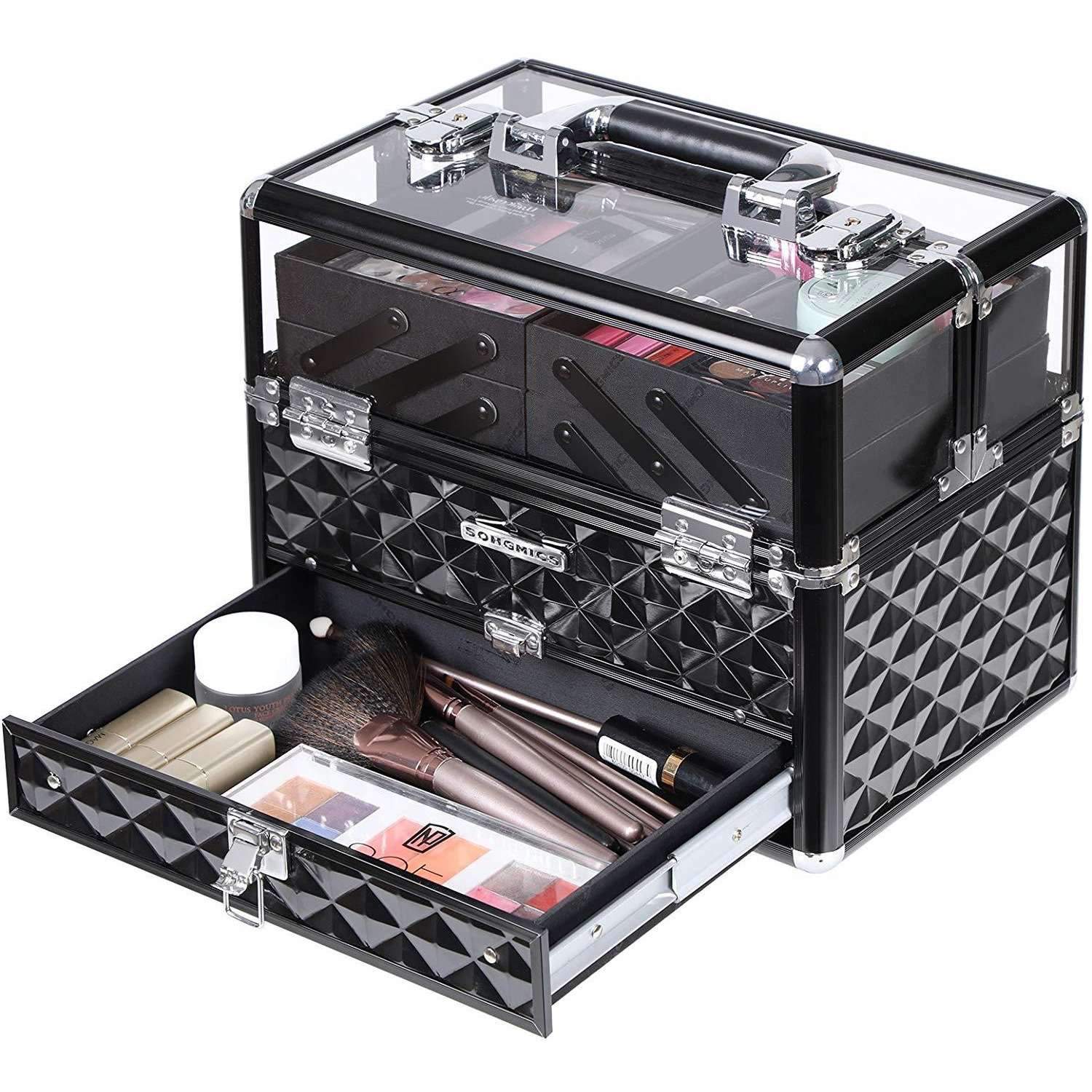 Songmics JHZ08BK Lockable Makeup Case Rolling Trolley