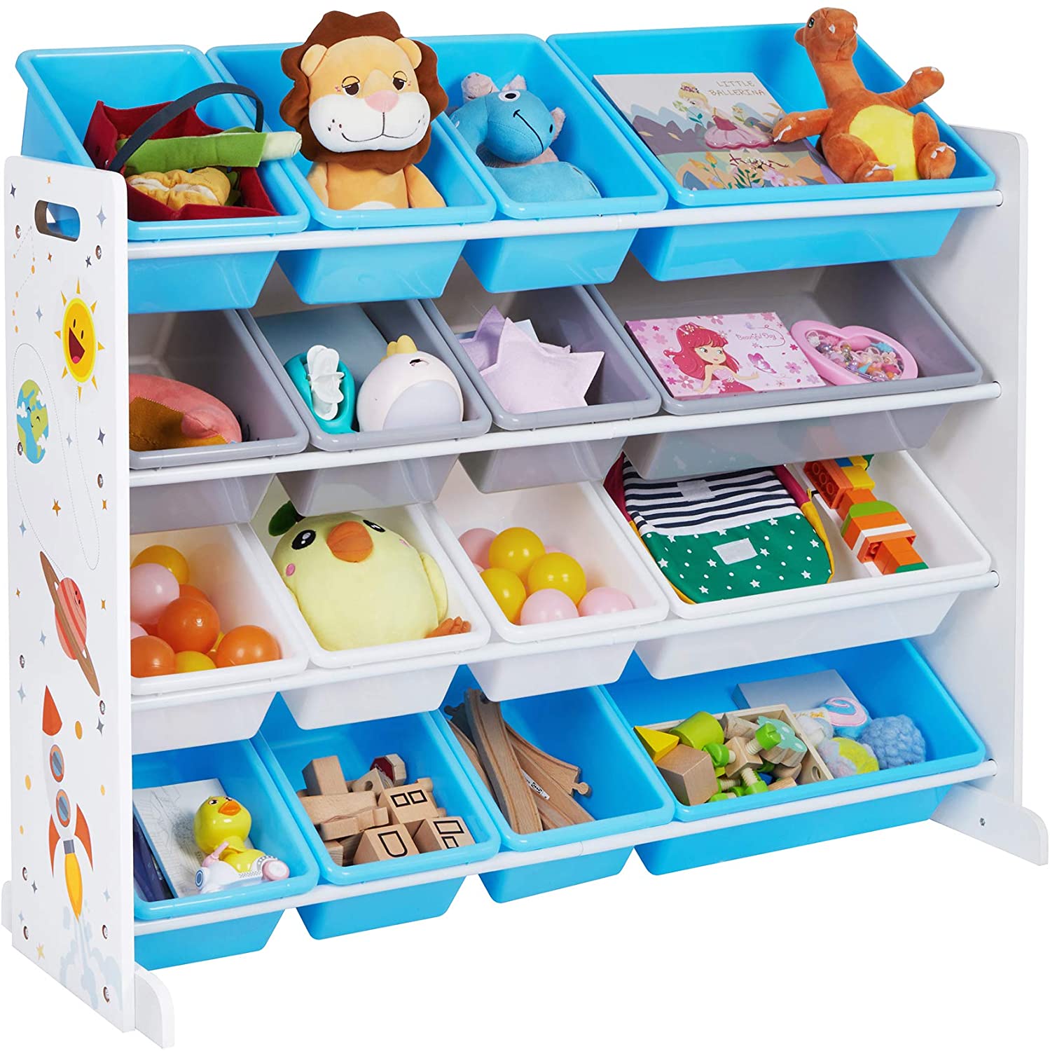 Organisateur de jouets Nancy's Fossmill - Chambre d'enfant - Armoire de rangement - 16 boîtes - Plastique - Bleu - Blanc - Gris - 106 x 26,5 x 78 cm