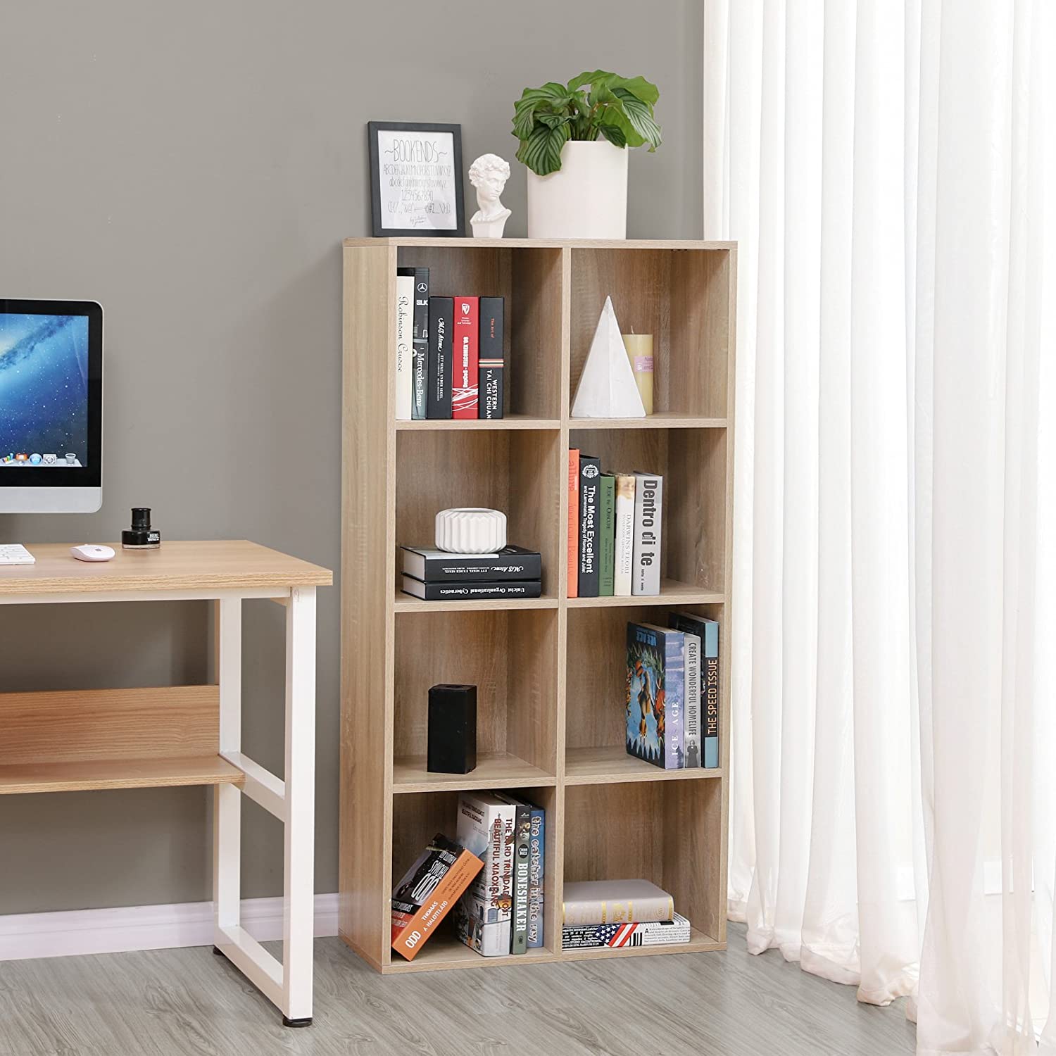 Bibliothèque Nancy avec 8 compartiments - Étagères en bois - Armoire autoportante - Rangement pour bureau ou maison - Armoire en bois