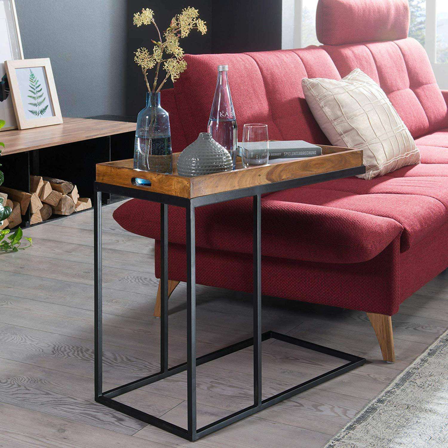 Nancy's Coffee Table - Solid Wood Tray on Metal Base - Side Table - Brown - 70 x 65 x 34 cm