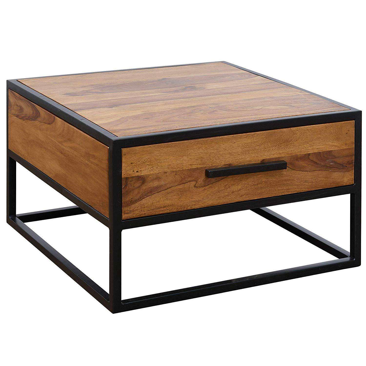 Table basse industrielle de Nancy - Table d'appoint - Bois massif - Marron - Table basse de luxe rétro vintage en verre avec espace de rangement - 65 x 38 x 65 cm