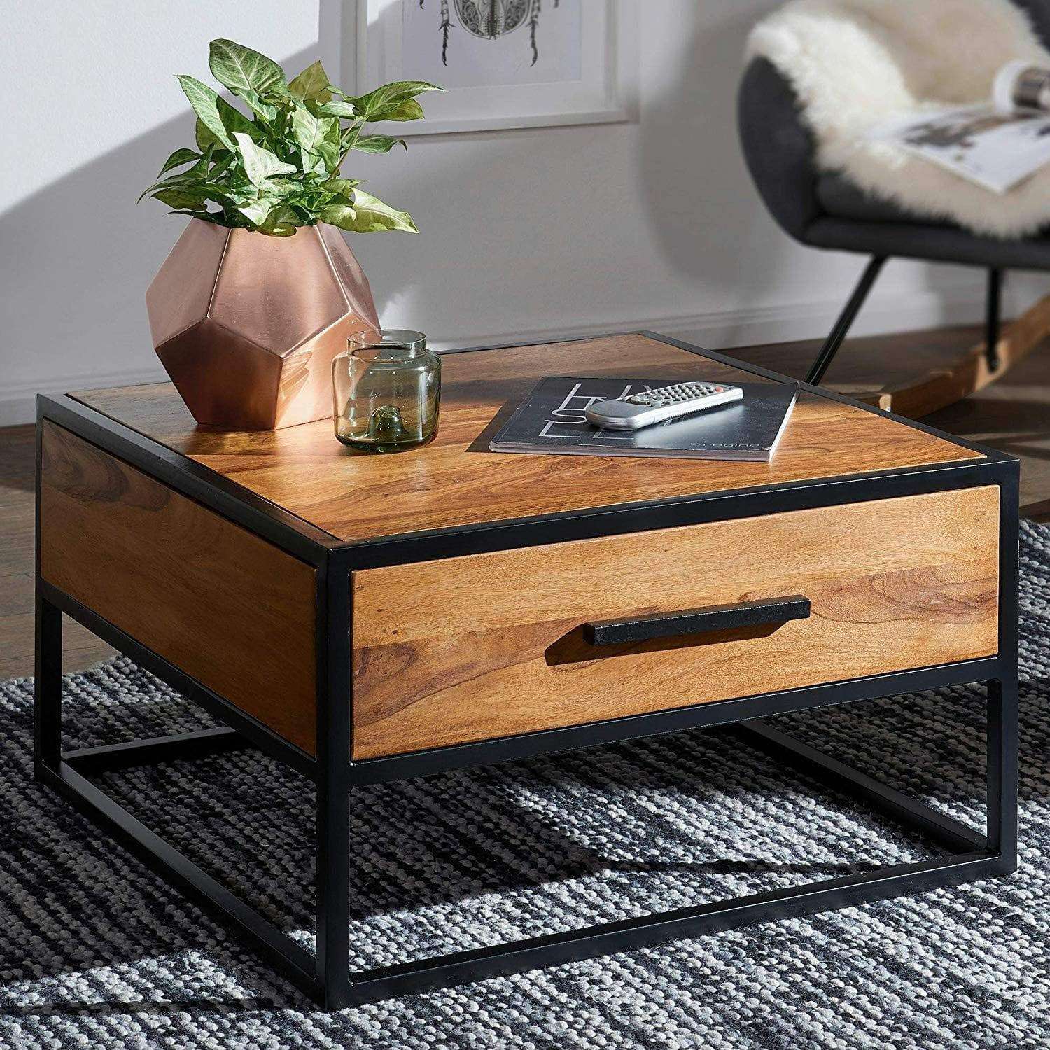 Nancy's Industrial Coffee Table - Side Table - Solid Wood - Brown - Luxury Retro Vintage Glass Coffee Table With Storage Space - 65 x 38 x 65 cm