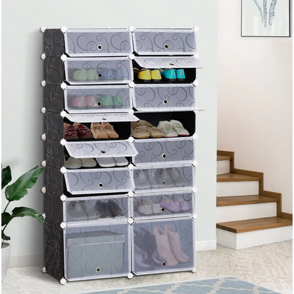 Nancy's Huntley Schoenenkast - Schoenenrek - Organizer - Vakkenkast - 16 Kubussen - Zwart / Wit - PP - ± 95 x 40 x 160 cm