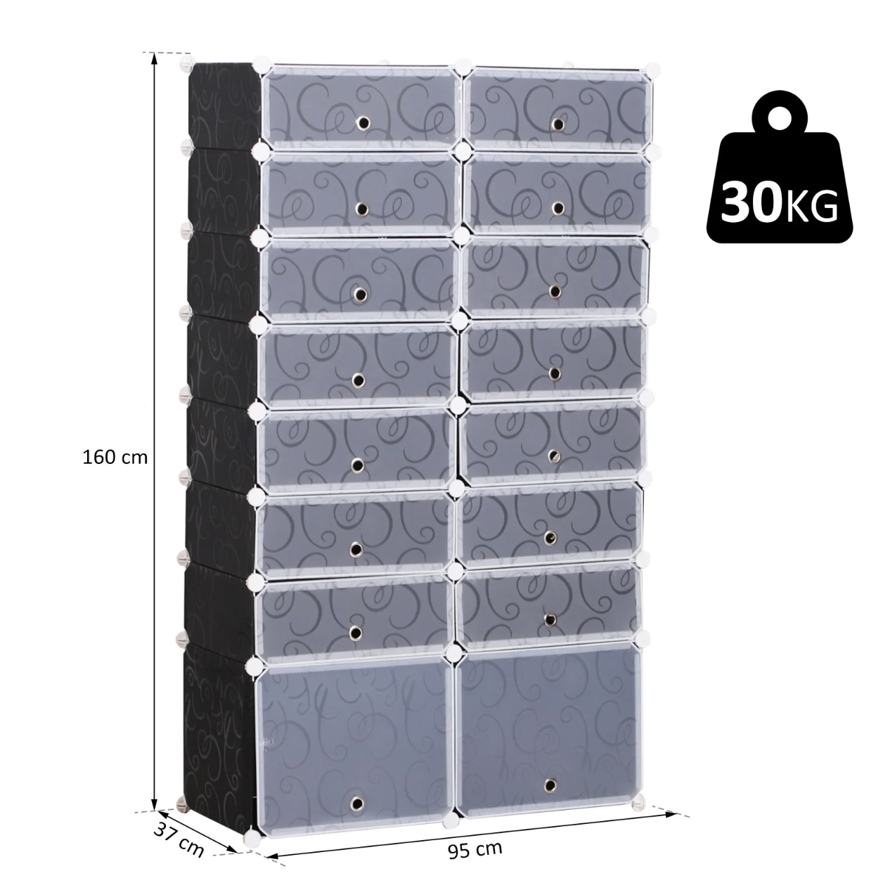 Nancy's Huntley Schoenenkast - Schoenenrek - Organizer - Vakkenkast - 16 Kubussen - Zwart / Wit - PP - ± 95 x 40 x 160 cm