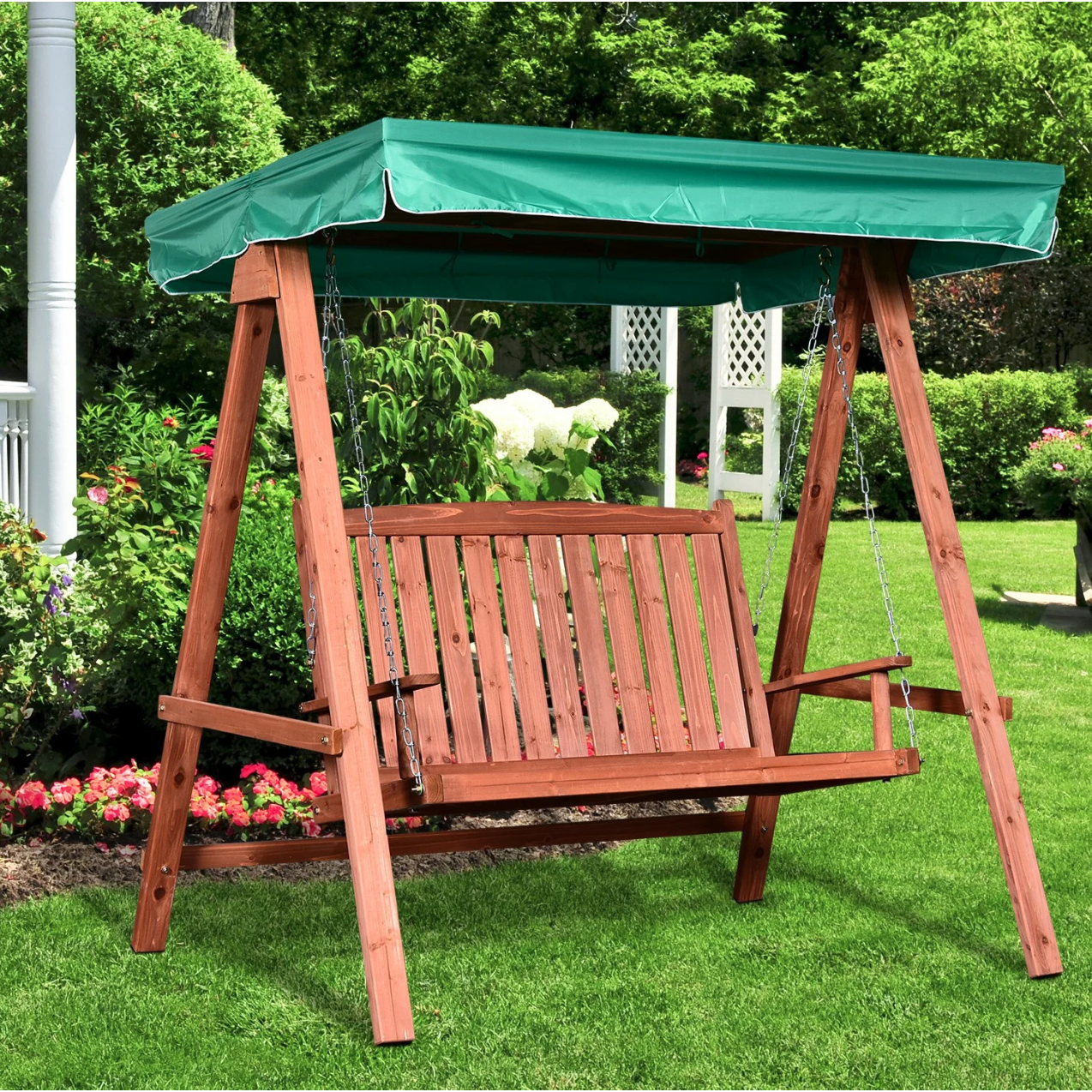 Balançoire de jardin Patterson de Nancy - Banc de balançoire - Pour 2 personnes - Balançoire Hollywood - Toit - Bois massif - Marron - Vert - 160 x 120 x 165 cm