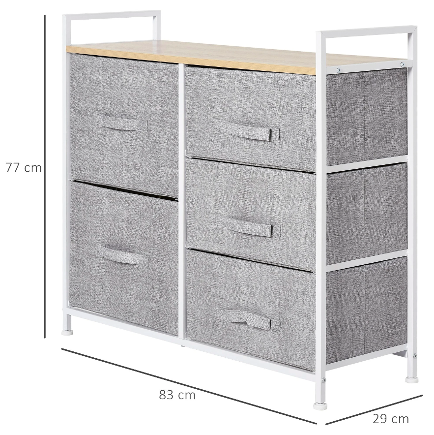 Nancy's Cockeysville Ladekast - Dressoir - Opbergkast - Stoffen Lades - 5 Lades - Grijs - ± 85 x 30 x 80 cm