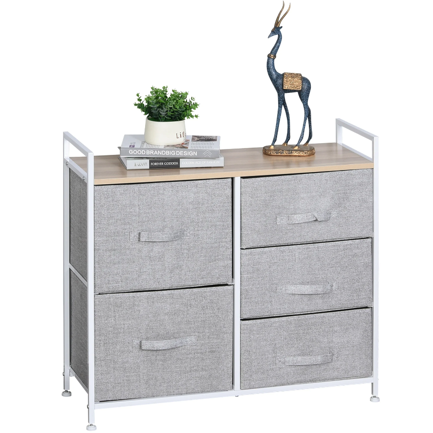 Nancy's Cockeysville Ladekast - Dressoir - Opbergkast - Stoffen Lades - 5 Lades - Grijs - ± 85 x 30 x 80 cm