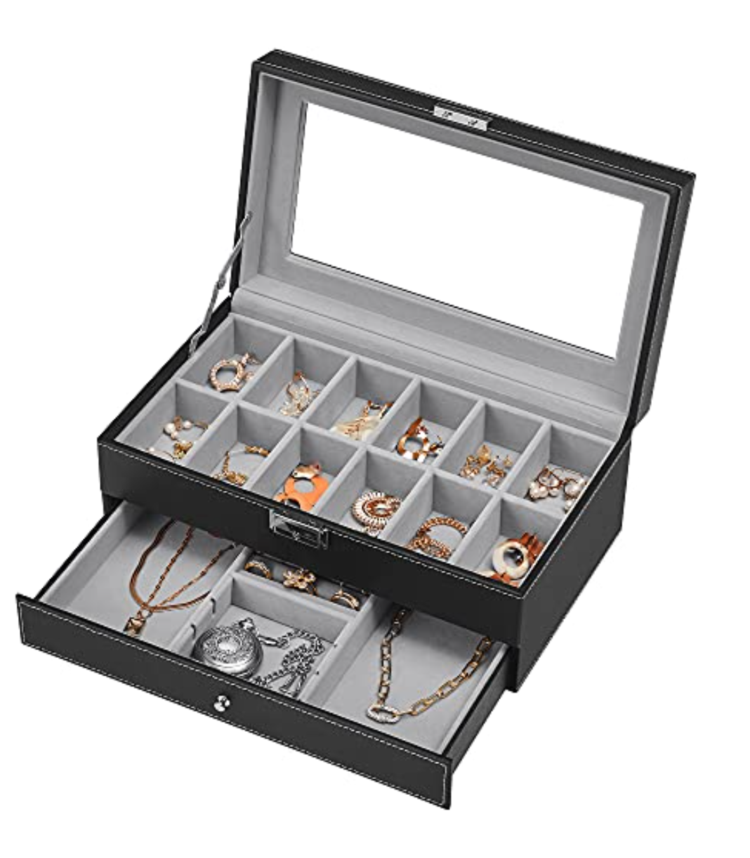 Nancy's Cyrville Horlogebox - Horloge Organizer - 2 Niveaus - 12 Vakken - 1 Lade - Glazen Deksel - Zwart - Kunstleer - 32,5 x 19,5 x 11,5 cm