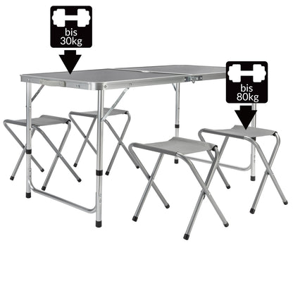 Nancy's Ben Lomond Picnic table - Folding table - Camping table - Table - 4 Stools - Seating group - Camping suitcase - Foldable - Aluminum - MDF