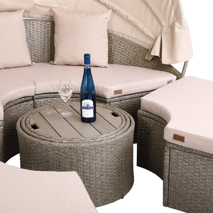 Nancy's Emerson Zonne-eiland - Lounge Met Zonnekap - Terras - Tuin - Loungeset - Tuinmeubel - Polyrotan - Crème - Ø 185 cm