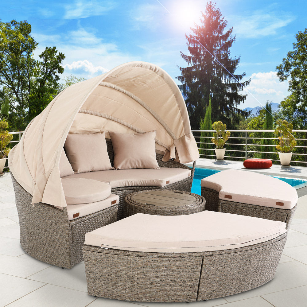 Nancy's Emerson Zonne-eiland - Lounge Met Zonnekap - Terras - Tuin - Loungeset - Tuinmeubel - Polyrotan - Crème - Ø 185 cm